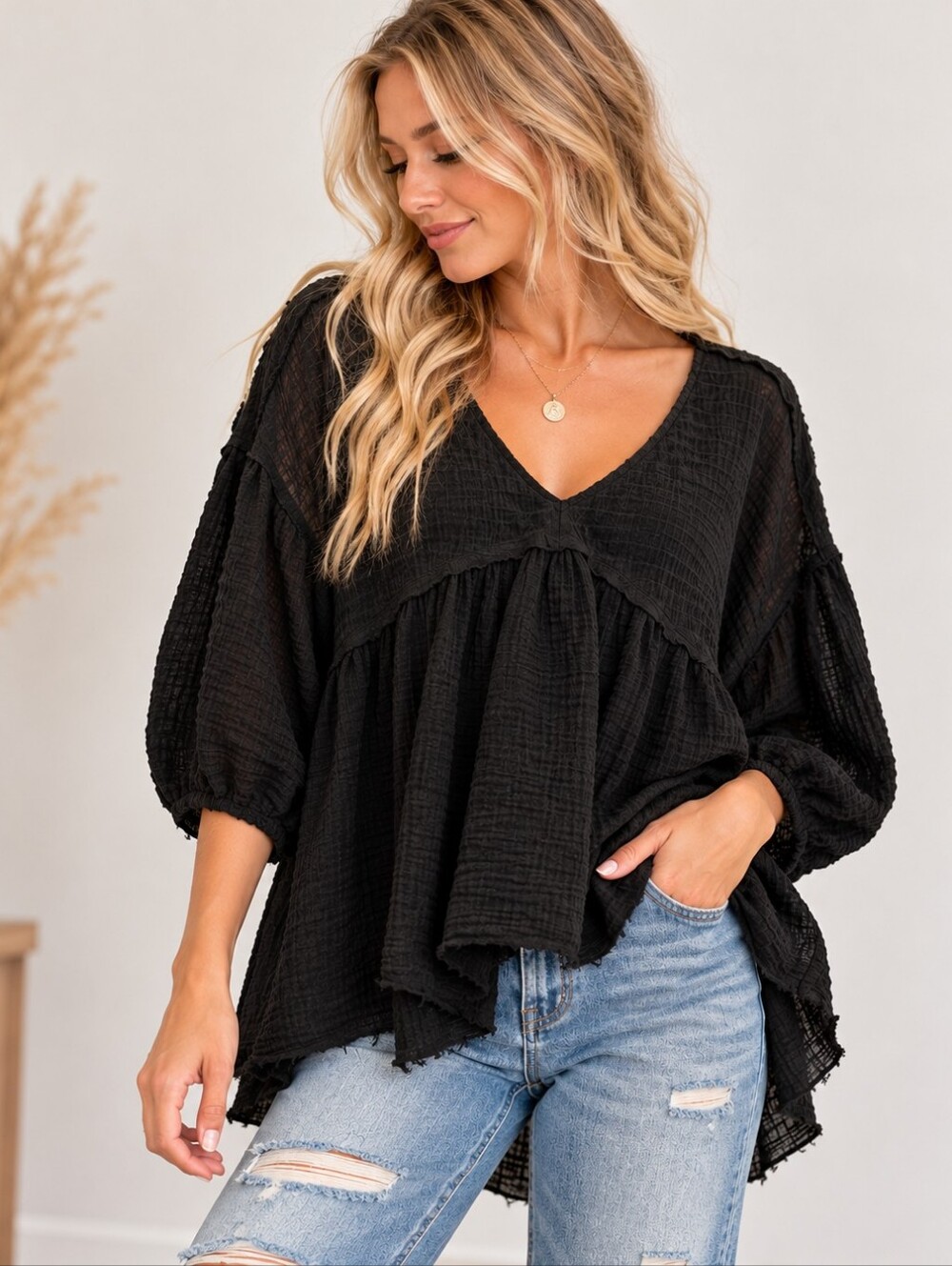 AEMI+CO Black Gauze Babydoll Tunic Top Small Oversized Boho Raw Hem